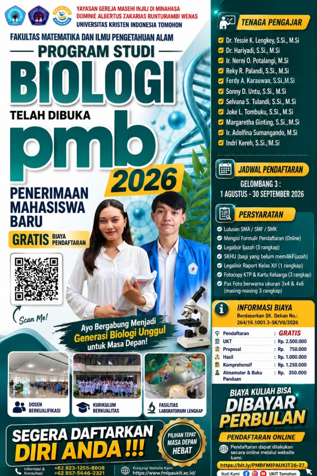 PENERIMAAN MAHASISWA BARU PROGRAM STUDI BIOLOGI FMIPA UKIT TA. 2026-2027